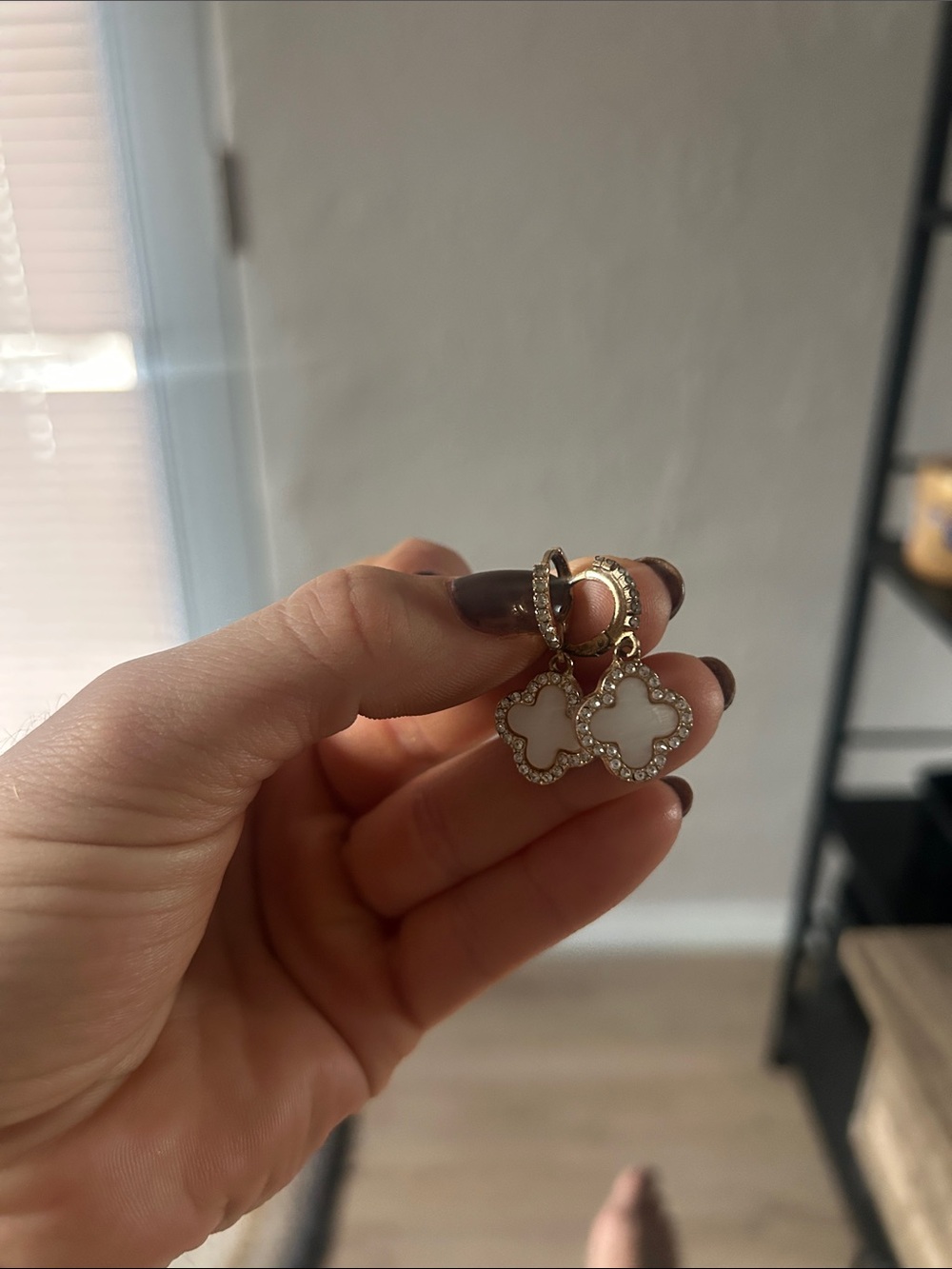 Gold Clover Drop Earrings with White Inlay